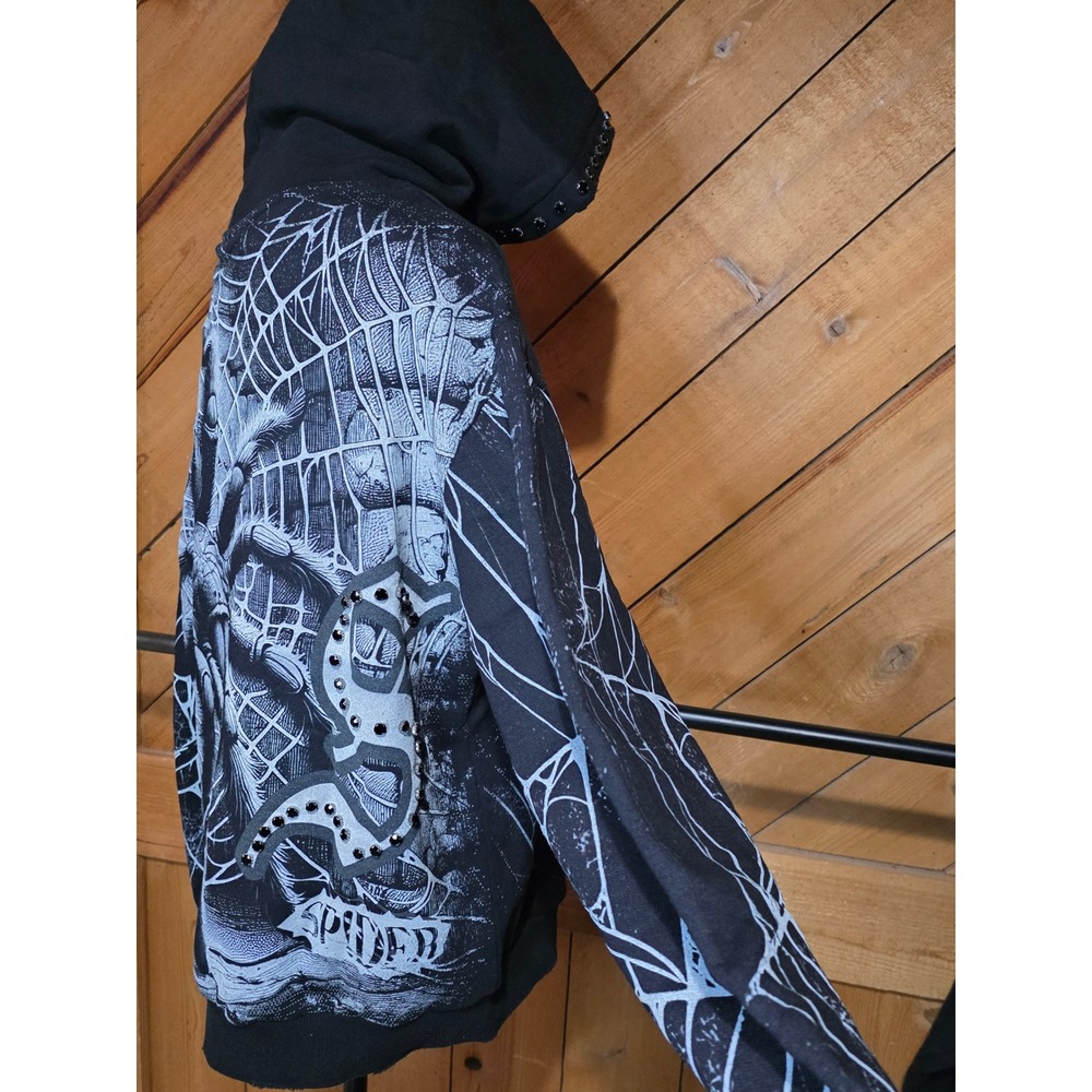 Stray Black Spider Web Rhinestone Hoodie Mens Small Gothic Streetwear - Picture 4 of 6